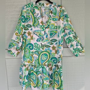 LOFT Mini Green White Floral Paisley Dress Small 70s Vibe Boho Cotton